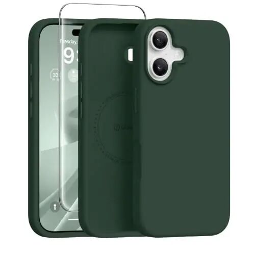 GONEZ Manyetik iPhone 17 Kılıfı, Silikon Kapak Askeri Yeşil | MagSafe, Kamera Düğmesi ve Ekran Koruyucu ile Uyumlu, Mikrofiber Astar, 3 Katmanlı Yumuşak Jel Kauçuk Darbeye Dayanıklı İnce 6,3
