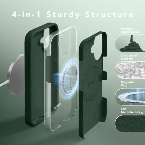 GONEZ Manyetik iPhone 17 Kılıfı, Silikon Kapak Askeri Yeşil | MagSafe, Kamera Düğmesi ve Ekran Koruyucu ile Uyumlu, Mikrofiber Astar, 3 Katmanlı Yumuşak Jel Kauçuk Darbeye Dayanıklı İnce 6,3