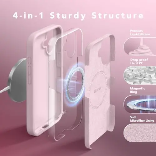 GONEZ Manyetik iPhone 17 Kılıfı, Silikon Kapak Pastel Pembe | MagSafe, Kamera Düğmesi ve Ekran Koruyucu ile Uyumlu, Mikrofiber Astarlı, 3 Katmanlı Yumuşak Jel Kauçuk Darbeye Dayanıklı İnce 6.3