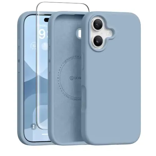 GONEZ Magnetic for iPhone 17 Case, Silicone Cover Mist Blue | Compatible with MagSafe, Camera Button & Screen Protector, Microfiber Lining, 3 Layers Soft Gel Rubber Shockproof Slim 6.3
