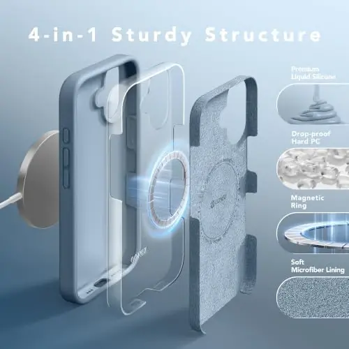 GONEZ Manyetik iPhone 17 Kılıfı, Silikon Kapak Sis Mavisi | MagSafe, Kamera Düğmesi ve Ekran Koruyucu ile Uyumlu, Mikrofiber Astar, 3 Katmanlı Yumuşak Jel Kauçuk Darbeye Dayanıklı İnce 6.3