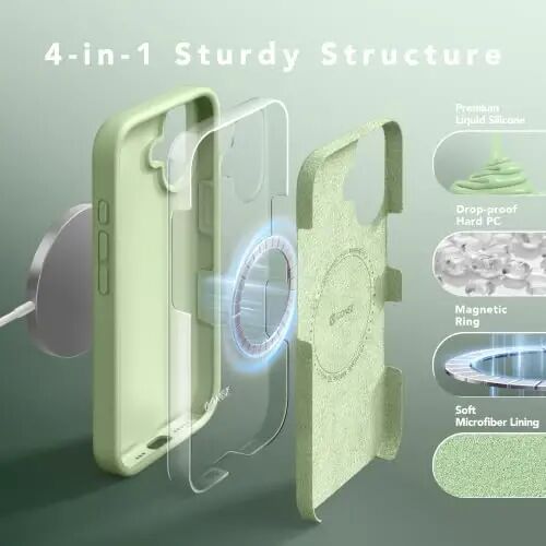 GONEZ Magnetic for iPhone 17 Case, Silicone Cover Green | Compatible with MagSafe, Camera Button & Screen Protector, Microfiber Lining, 3 Layers Soft Gel Rubber Shockproof Slim 6.3
