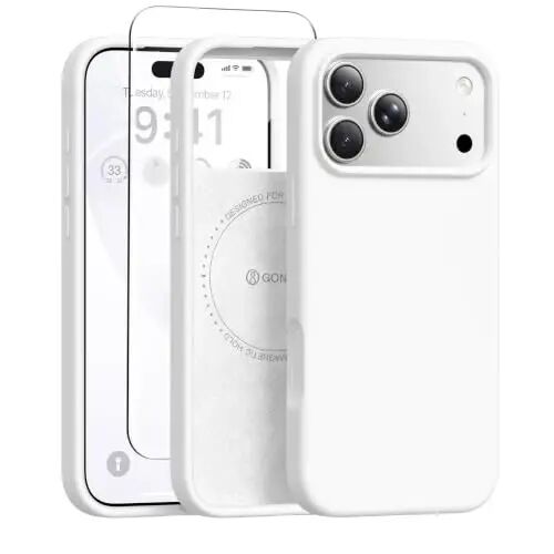 GONEZ Manyetik iPhone 17 Pro Kılıfı, Silikon Kapak Beyaz | MagSafe, Kamera Düğmesi ve Ekran Koruyucu ile Uyumlu, Mikrofiber Astar, 3 Katmanlı Yumuşak Jel Kauçuk Darbeye Dayanıklı İnce 6,3