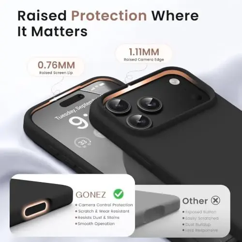 GONEZ Manyetik iPhone 17 Pro Kılıfı, Siyah Silikon Kapak | MagSafe, Kamera Düğmesi ve Ekran Koruyucu Uyumlu, Mikrofiber Astar, 3 Katmanlı Yumuşak Jel Kauçuk Darbeye Dayanıklı İnce 6.3