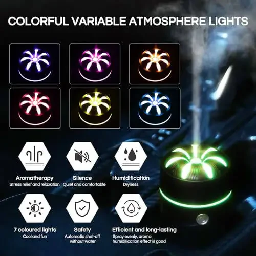 Gonlink Car Humidifier Diffuser - Smart Cool Mist Air Freshener for Essential Oils - USB for Car, Home, Office, Bedroom (Black) - 5