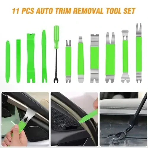 GOOACC 11 PCS Trim Removal Tool Kit, Metal Pry Tool Auto Fastener Remover Pry Bar Set Car Door Panel Removal Tool Dashboard Repair Kit Green - 2
