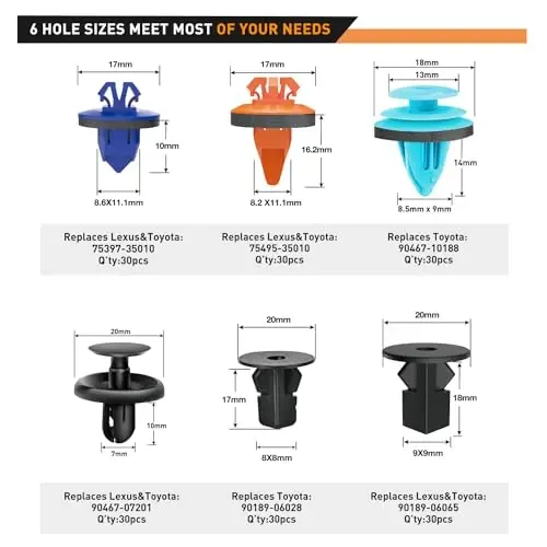 GOOACC 180PCS Car Bumper Retainer Clips Bumper Fender Liner Kit for Lexus Toyota 4Runner Tacoma RAV4 Scion 75495-35010 75397-35010 90189-06065 90189-06013 90189-06028 90467-07201 90467-10188 - 3