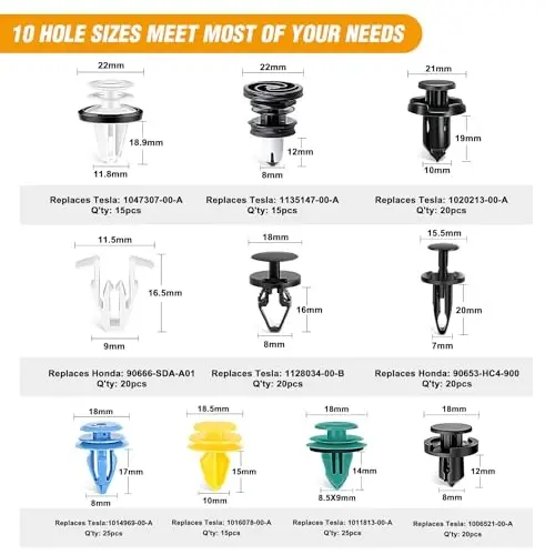 GOOACC 200PCS Car Plastic Rivets Fasteners Push Retainer Kit, 10 Most Popular Sizes Auto Push Pin Rivets,for Tesla Body Interior and Exterior Retainer Fastener Clip - 3