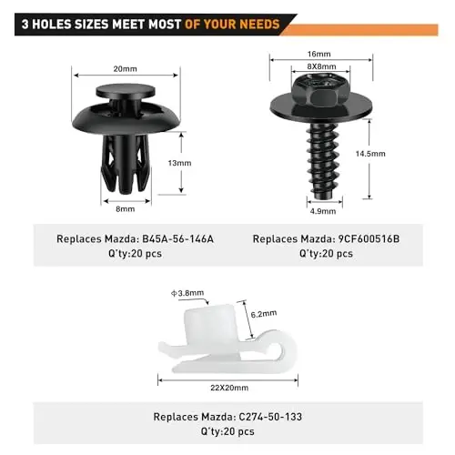 GOOACC 60Pcs Fender Liner Bumper Cover Splash Shield Hex Head Screw with Nylon U Nuts Push Bumper Fastener Rivet Clips for Fastening Front on Mazda 2, 5, 6, CX-5, CX-7 & CX-9 2014 – 2010 - 2