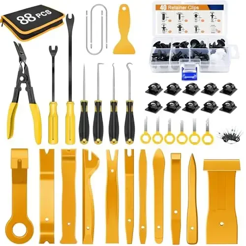 GOOACC 88Pcs Trim Removal Tool, Auto Push Pin Bumper Retainer Clip Set Fastener Terminal Remover Tool Adhesive Cable Clips Removal Kit Car Panel Radio Removal Auto Clip Pliers, Yellow 