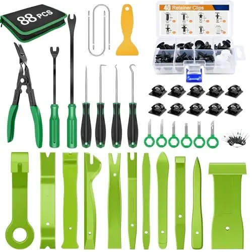 GOOACC 88Pcs Trim Removal Tool, Auto Push Pin Bumper Retainer Clip Set Fastener Terminal Remover Tool Adhesive Cable Clips Removal Kit Car Panel Radio Removal Auto Clip Pliers, Green - 1