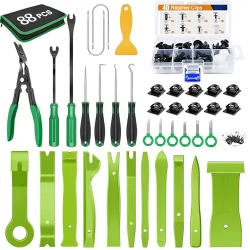 GOOACC 88Pcs Trim Removal Tool, Auto Push Pin Bumper Retainer Clip Set Fastener Terminal Remover Tool Adhesive Cable Clips Removal Kit Car Panel Radio Removal Auto Clip Pliers, Green - GOOACC