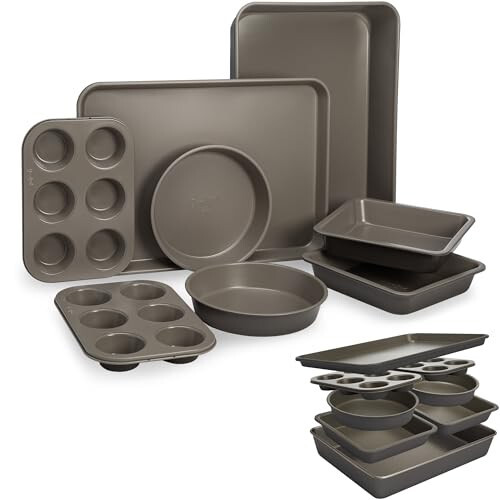 Goodful All-In-One Nonstick Bakeware Set, Stackable and Space Saving Design includes Round and Square Pans, Muffin Pans, Cookie Sheet and Roaster, Dishwasher Safe, 8-Piece, Graphite - 1