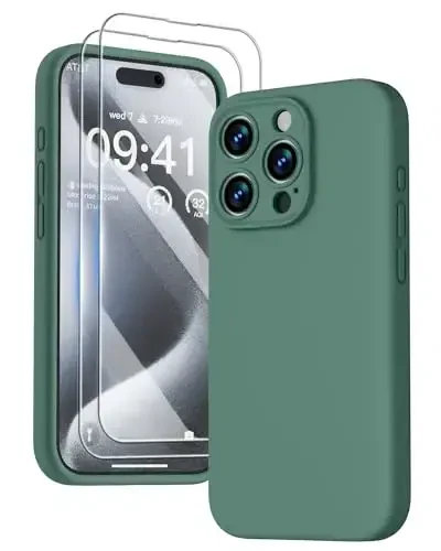 GOODVISH Compatible with iPhone 15 Pro Case, Silicone Upgraded [Enhanced Camera Protection] Phone Case with [2 Screen Protectors], Soft Anti-Scratch Microfiber Lining Inside, 6.1 inch, Deep Pine Green 
