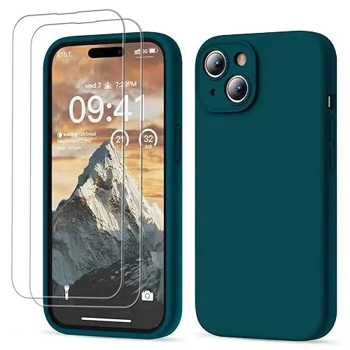 GOODVISH Compatible with iPhone 15 Case, Silicone Upgraded [Enhanced Camera Protection] Phone Case with [2 Screen Protectors], Soft Anti-Scratch Microfiber Lining Inside, 6.1 inch, Dark Green - MODAZONE