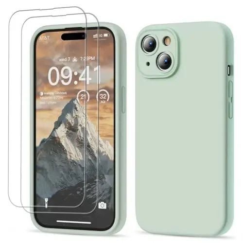 GOODVISH Compatible with iPhone 15 Case, Silicone Upgraded [Enhanced Camera Protection] Phone Case with [2 Screen Protectors], Soft Anti-Scratch Microfiber Lining Inside, 6.1 inch, Light Green 