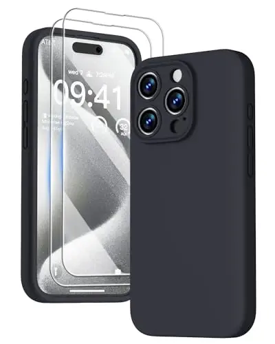 GOODVISH iPhone 15 Pro Case bilan mos keladi, silikon yangilangan [Kengaytirilgan kamera himoyasi] Telefon g'ilofi [2 ekran himoyachisi] bilan, yumshoq tirnalishga qarshi mikrofiber astar ichida, 6,1 dyuym, qora 