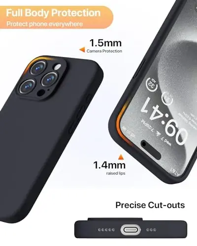 GOODVISH iPhone 15 Pro Case bilan mos keladi, silikon yangilangan [Kengaytirilgan kamera himoyasi] Telefon g'ilofi [2 ekran himoyachisi] bilan, yumshoq tirnalishga qarshi mikrofiber astar ichida, 6,1 dyuym, qora - 6