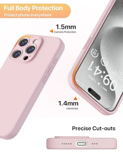 GOODVISH iPhone 15 Pro Case bilan mos keladi, Silikon yangilangan [Kengaytirilgan kamera himoyasi] Telefon qutisi [2 ekran himoyachisi] bilan, Yumshoq tirnalishga qarshi mikrofiber astar ichida, 6,1 dyuym, Sand pushti - 6