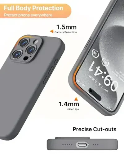 GOODVISH iPhone 15 Pro Case bilan mos keladi, Silikon yangilangan [Kengaytirilgan kamera himoyasi] Telefon qutisi [2 ekran himoyachisi] bilan, Yumshoq tirnalishga qarshi mikrofiber astar ichida, 6,1 dyuym, Space Gray - 6