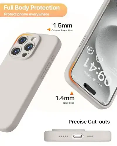 GOODVISH iPhone 15 Pro Case bilan mos keladi, Silikon yangilangan [Kengaytirilgan kamera himoyasi] Telefon qutisi [2 ekran himoyachisi] bilan, Yumshoq tirnalishga qarshi mikrofiber astar ichida, 6,1 dyuym, tosh kulrang - 6