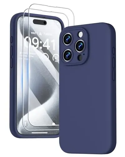GOODVISH iPhone 15 Pro g‘ilofi bilan mos keladi, Silikon yangilangan [Kengaytirilgan kamera himoyasi] Telefon g‘ilofi [2 ekran himoyachisi] bilan, Yumshoq tirnalishga qarshi Mikrofiber astar ichida, 6,1 dyuym, To‘q ko‘k - 1