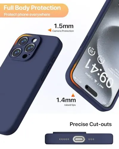 GOODVISH iPhone 15 Pro g‘ilofi bilan mos keladi, Silikon yangilangan [Kengaytirilgan kamera himoyasi] Telefon g‘ilofi [2 ekran himoyachisi] bilan, Yumshoq tirnalishga qarshi Mikrofiber astar ichida, 6,1 dyuym, To‘q ko‘k - 6