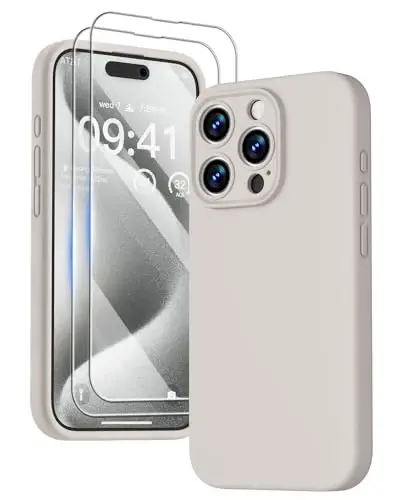 GOODVISH Compatible with iPhone 15 Pro Case, Silicone Upgraded [Enhanced Camera Protection] Phone Case with [2 Screen Protectors], Soft Anti-Scratch Microfiber Lining Inside, 6.1 inch, Rock Gray - GOODVISH