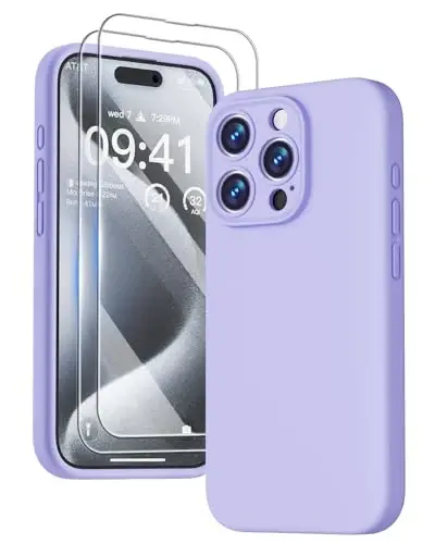 GOODVISH iPhone 15 Pro uchun mos keladi, Silikon yangilangan [Kengaytirilgan kamera himoyasi] Telefon qutisi [2 ekran himoyachisi] bilan, Ichki yumshoq tirnalishga qarshi mikrofiber astar, 6,1 dyuym, Binafsha 