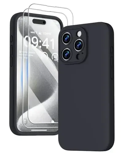 GOODVISH iPhone 15 Pro uchun mos keladigan g‘ilof, silikon yangilangan [Kamera himoyasi kuchaytirilgan] Telefon g‘ilofi [2 ekran himoyachisi] bilan, ichki qismi yumshoq tirnalishga qarshi mikrofiber astar, 6.1 dyuym, qora - 1