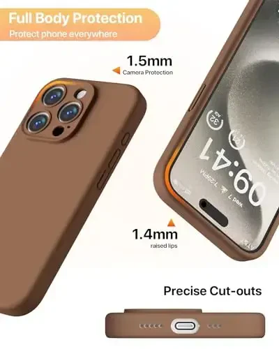 GOODVISH iPhone 15 Pro uchun mos keladigan g‘ilof, silikon yangilangan [Kamera himoyasi kuchaytirilgan] telefon g‘ilofi [2 ekran himoyachisi] bilan, ichki qismi yumshoq tirnalishga qarshi mikrofiber astarli, 6,1 dyuym, jigarrang - 6
