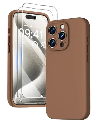 GOODVISH iPhone 15 Pro uchun mos keladigan g‘ilof, silikon yangilangan [Kamera himoyasi kuchaytirilgan] telefon g‘ilofi [2 ekran himoyachisi] bilan, ichki qismi yumshoq tirnalishga qarshi mikrofiber astarli, 6,1 dyuym, jigarrang 