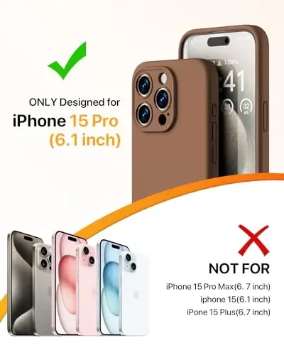 GOODVISH iPhone 15 Pro uchun mos keladigan g‘ilof, silikon yangilangan [Kamera himoyasi kuchaytirilgan] telefon g‘ilofi [2 ekran himoyachisi] bilan, ichki qismi yumshoq tirnalishga qarshi mikrofiber astarli, 6,1 dyuym, jigarrang - 2