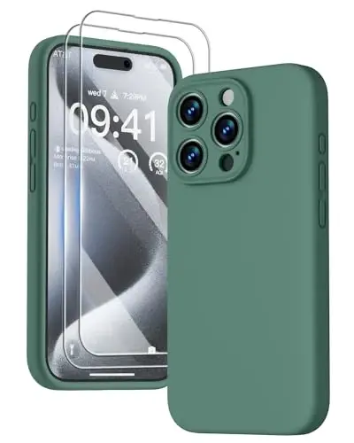GOODVISH iPhone 15 Pro uchun mos keladigan g‘ilof, Silikon yangilangan [Kamera himoyasi kuchaytirilgan] Telefon g‘ilofi [2 ekran himoyachisi] bilan, Yumshoq tirnalishga qarshi mikrofiber astar ichida, 6,1 dyuym, To‘q qarag‘ay yashili 