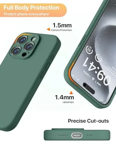 GOODVISH iPhone 15 Pro uchun mos keladigan g‘ilof, Silikon yangilangan [Kamera himoyasi kuchaytirilgan] Telefon g‘ilofi [2 ekran himoyachisi] bilan, Yumshoq tirnalishga qarshi mikrofiber astar ichida, 6,1 dyuym, To‘q qarag‘ay yashili - 6