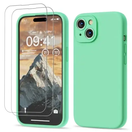 GOODVISH iPhone 15 uchun g‘ilofga mos keladi, silikon yangilangan [Kamera himoyasi kuchaytirilgan] Telefon g‘ilofi [2 ekran himoyachisi] bilan, ichki qismi yumshoq tirnalishga qarshi mikrofiber astarli, 6,1 dyuym, bahor yashili 