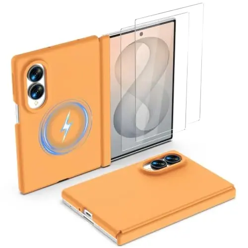 GOODVISH Magnetic for Samsung Z Fold 8 Case with Auto-Fit Hinge Protection | 2X Front Screen Protector, Durable & Sturdy & Smooth Touch, Anti-Slip Silicone Thin Slim Fit Case for Z Fold 8 wide, Orange - 1