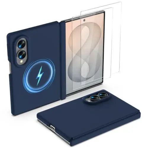 GOODVISH Magnetic for Samsung Z Fold 8 Case with Auto-Fit Hinge Protection | 2X Front Screen Protector, Durable & Sturdy & Smooth Touch, Anti-Slip Silicone Thin Slim Fit Case for Z Fold 8 wide,Navy Blue - GOODVISH