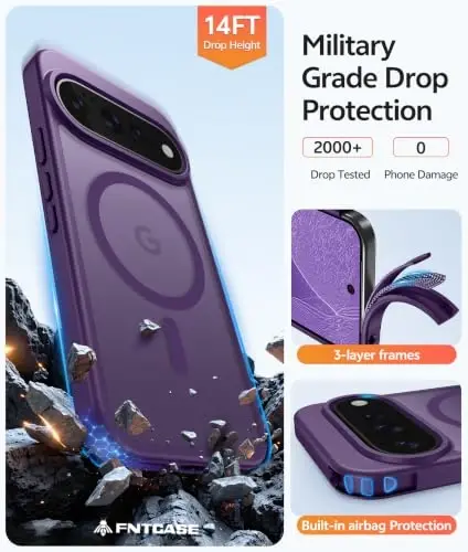 Google Pixe 11/11 Pro uchun FNTCASE g'ilofi, Magsafe bilan mos, Binafsha | Ekran himoyachisi, Yarim shaffof mat, 14FT Harbiy darajada tushishdan himoya, Zarbga chidamli telefon g'ilofi, Binafsha - 5