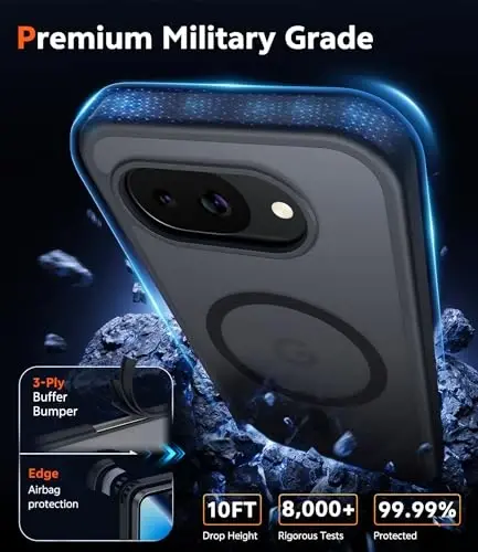 Google Pixel 10A uchun FNTCASE g'ilofi: Ekran himoyachisi bilan mat rangli shaffof zarbga chidamli telefon g'ilofi - Harbiy darajadagi to'liq himoyali, tushishga chidamli, mustahkam TPU g'ilof - 6.3 dyuym (C-Qora) - 6