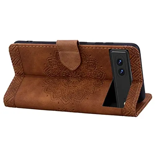 Rosbtib Flip Case for Google Pixel 8, Durable PU Leather Wallet Case with Card Holder Protective Cover for Pixel 8 - Mandala Brown - 6