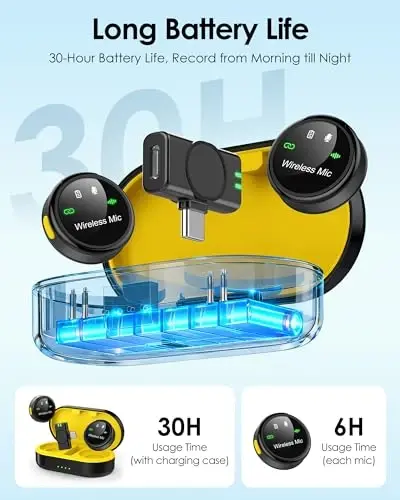 GoorDik J7 iPhone, iPad va Android (Lightning/USB C) uchun simsiz Lavalier mikrofon, Mini mikrofonlar 30 soatlik batareya quvvati, Video yozish YouTube TikTok kontent yaratuvchisi uchun 2 ta yumaloq mini mikrofon - 4