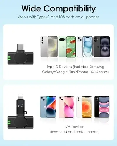 GoorDik J7 iPhone, iPad va Android (Lightning/USB C) uchun simsiz Lavalier mikrofon, Mini mikrofonlar 30 soatlik batareya quvvati, Video yozish YouTube TikTok kontent yaratuvchisi uchun 2 ta yumaloq mini mikrofon - 6