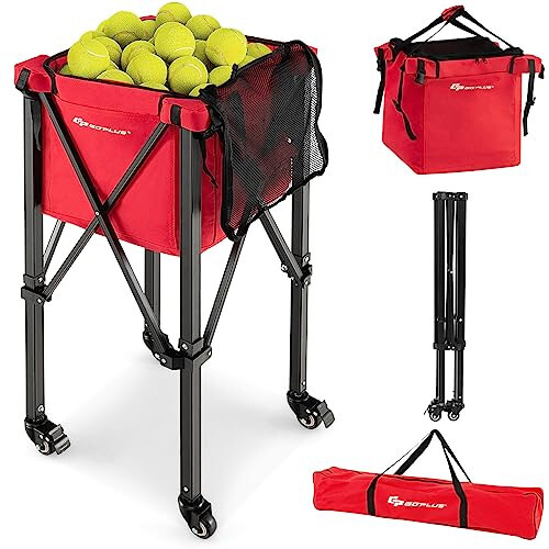 Goplus Foldable Tennis Ball Hopper, Lightweight Aluminum Tennis Ball Basket with Wheels, Removable Bag, Side Pockets, Carry Bag, Portable Sports Teaching Cart Holds 150 Tennis Balls - 1