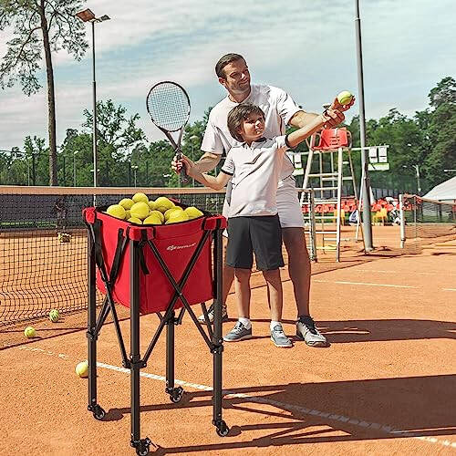 Goplus Foldable Tennis Ball Hopper, Lightweight Aluminum Tennis Ball Basket with Wheels, Removable Bag, Side Pockets, Carry Bag, Portable Sports Teaching Cart Holds 150 Tennis Balls - 2