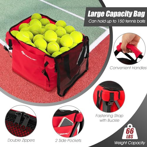 Goplus Foldable Tennis Ball Hopper, Lightweight Aluminum Tennis Ball Basket with Wheels, Removable Bag, Side Pockets, Carry Bag, Portable Sports Teaching Cart Holds 150 Tennis Balls - 4