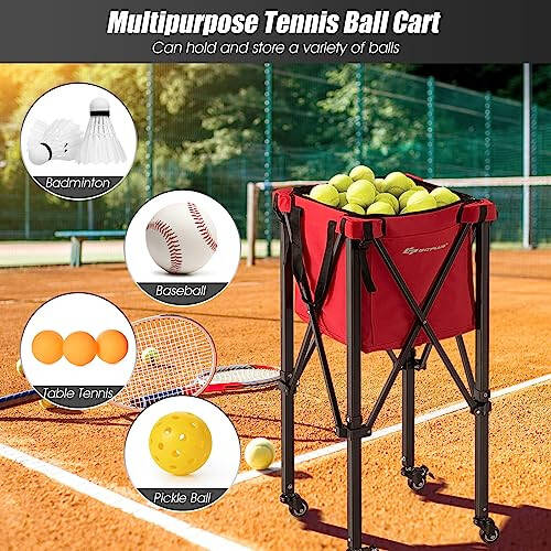 Goplus Foldable Tennis Ball Hopper, Lightweight Aluminum Tennis Ball Basket with Wheels, Removable Bag, Side Pockets, Carry Bag, Portable Sports Teaching Cart Holds 150 Tennis Balls - 5