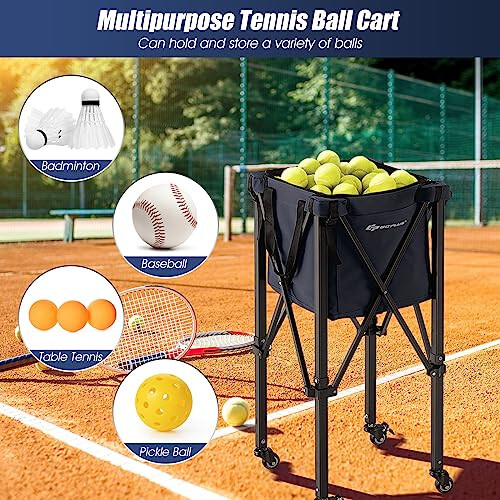 Goplus Katlanabilir Tenis Topu Sepet, Hafif Alüminyum Tenis Topu Sepeti Tekerlekli, Çıkarılabilir Çanta, Yan Cepler, Taşıma Çantası, Taşınabilir Spor Öğretim Arabası 150 Tenis Topu Taşıyor - 5