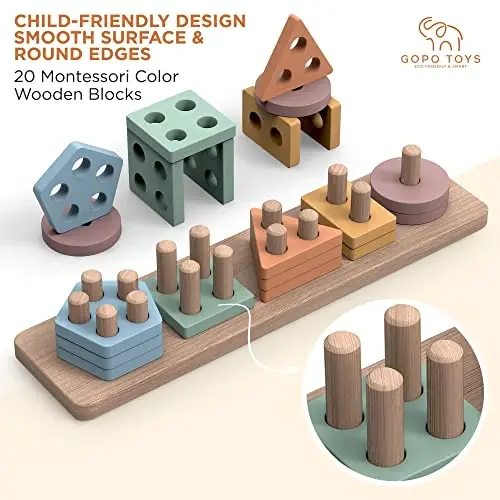 GOPO TOYS 1+ Yaş için Montessori Oyuncakları – Ahşap Şekil Eşleştirici ve İstifleme Bulmacası – Çocuk Öğrenme, İnce Motor Becerileri ve Erkek ve Kız Çocuklar için Gelişimsel Oyuncak - GOPO (1)