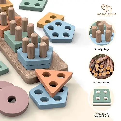 GOPO TOYS 1+ Yaş için Montessori Oyuncakları – Ahşap Şekil Eşleştirici ve İstifleme Bulmacası – Çocuk Öğrenme, İnce Motor Becerileri ve Erkek ve Kız Çocuklar için Gelişimsel Oyuncak - 4